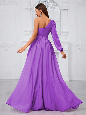 Giffniseti Women'S One Shoulder Lantern Sleeve Ruffle Trim Decor Bridesmaid Dress