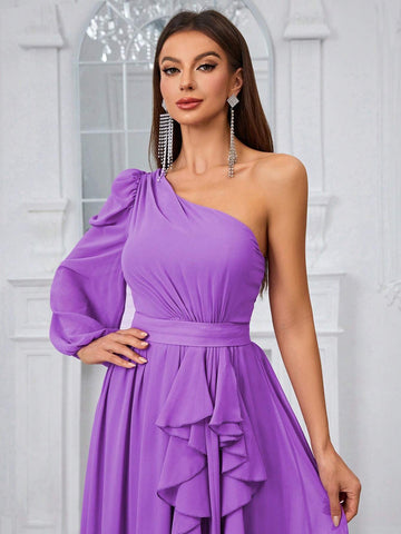 Giffniseti Women'S One Shoulder Lantern Sleeve Ruffle Trim Decor Bridesmaid Dress