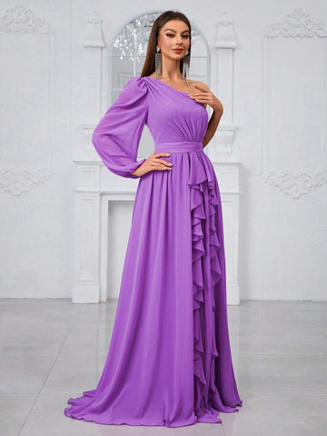 Giffniseti Women'S One Shoulder Lantern Sleeve Ruffle Trim Decor Bridesmaid Dress