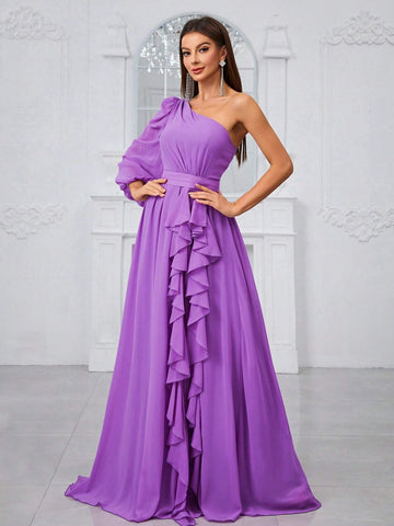Giffniseti Women'S One Shoulder Lantern Sleeve Ruffle Trim Decor Bridesmaid Dress