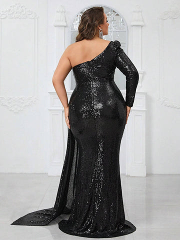 Giffniseti Women'S Plus Size Evening Party Dress With Sequined Waist And See-Through Mesh Single Shoulder Sleeve, High Slit Sexy Long Formal Dress