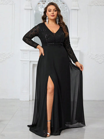 Giffniseti Women'S Plus Size Lace Patchwork Party Evening Dress