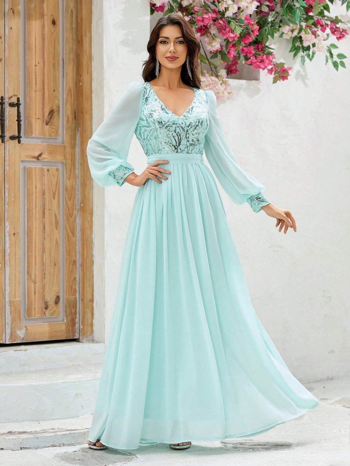 Giffniseti Women Ball Gown Dress V-Neck Printed Sparkly Snow Gauze Long Sleeve Tie Waist Sweet Style Dress