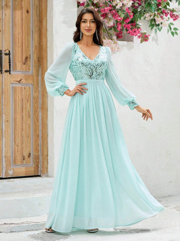 Giffniseti Women Ball Gown Dress V-Neck Printed Sparkly Snow Gauze Long Sleeve Tie Waist Sweet Style Dress