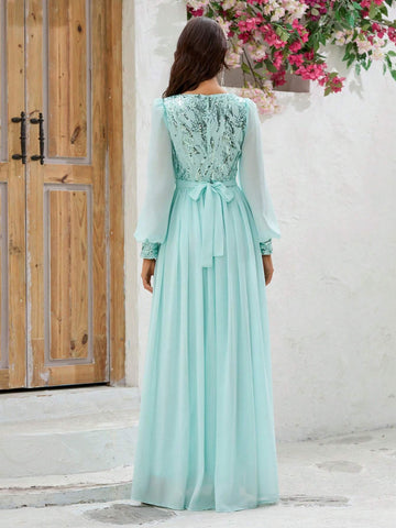 Giffniseti Women Ball Gown Dress V-Neck Printed Sparkly Snow Gauze Long Sleeve Tie Waist Sweet Style Dress