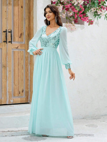 Giffniseti Women Ball Gown Dress V-Neck Printed Sparkly Snow Gauze Long Sleeve Tie Waist Sweet Style Dress