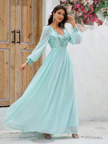 Giffniseti Women Ball Gown Dress V-Neck Printed Sparkly Snow Gauze Long Sleeve Tie Waist Sweet Style Dress