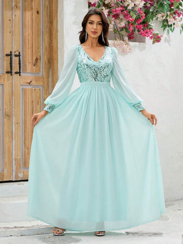 Giffniseti Women Ball Gown Dress V-Neck Printed Sparkly Snow Gauze Long Sleeve Tie Waist Sweet Style Dress