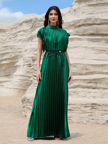 Giffniseti Women Ball Gown Satin High Neck Sleeveless Pleated Waist Belt Elegant And Graceful Dress