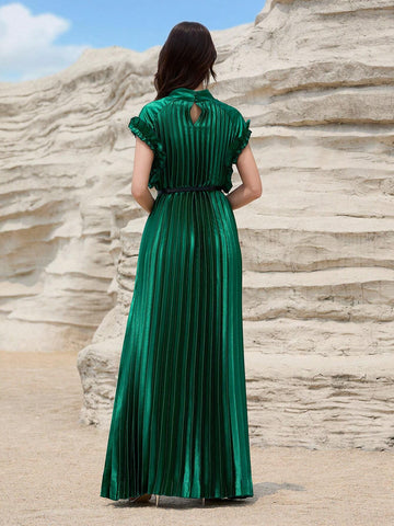 Giffniseti Women Ball Gown Satin High Neck Sleeveless Pleated Waist Belt Elegant And Graceful Dress