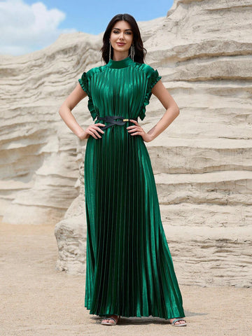 Giffniseti Women Ball Gown Satin High Neck Sleeveless Pleated Waist Belt Elegant And Graceful Dress