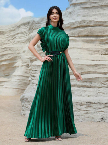 Giffniseti Women Ball Gown Satin High Neck Sleeveless Pleated Waist Belt Elegant And Graceful Dress