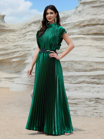 Giffniseti Women Ball Gown Satin High Neck Sleeveless Pleated Waist Belt Elegant And Graceful Dress