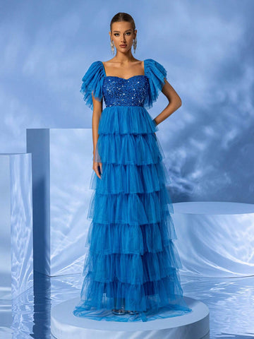 Giffniseti Women Ball Party Evening Dress Mesh Splicing Sequins Cap Sleeve High-Low Cake Dress