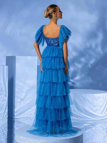 Giffniseti Women Ball Party Evening Dress Mesh Splicing Sequins Cap Sleeve High-Low Cake Dress