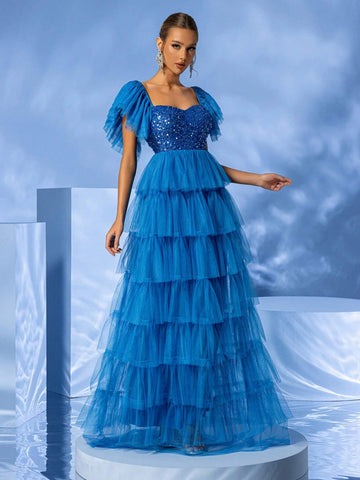 Giffniseti Women Ball Party Evening Dress Mesh Splicing Sequins Cap Sleeve High-Low Cake Dress