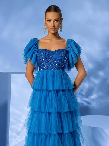 Giffniseti Women Ball Party Evening Dress Mesh Splicing Sequins Cap Sleeve High-Low Cake Dress