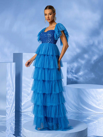 Giffniseti Women Ball Party Evening Dress Mesh Splicing Sequins Cap Sleeve High-Low Cake Dress