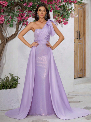 Giffniseti Women Cocktail Party Prom Dress, High-End Luxury Glitter Sleeveless One Shoulder Bowknot Satin Cape Mermaid Graduation Gown