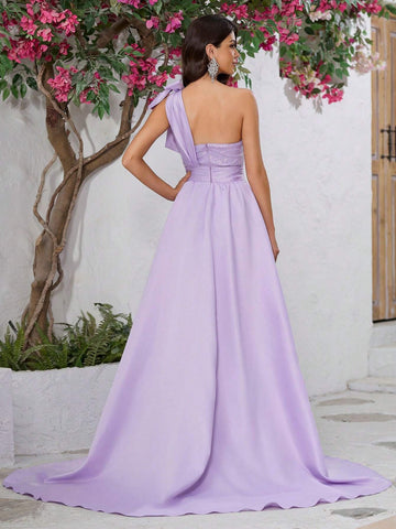 Giffniseti Women Cocktail Party Prom Dress, High-End Luxury Glitter Sleeveless One Shoulder Bowknot Satin Cape Mermaid Graduation Gown