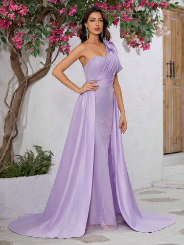 Giffniseti Women Cocktail Party Prom Dress, High-End Luxury Glitter Sleeveless One Shoulder Bowknot Satin Cape Mermaid Graduation Gown