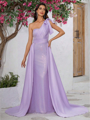 Giffniseti Women Cocktail Party Prom Dress, High-End Luxury Glitter Sleeveless One Shoulder Bowknot Satin Cape Mermaid Graduation Gown
