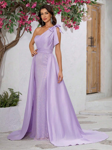 Giffniseti Women Cocktail Party Prom Dress, High-End Luxury Glitter Sleeveless One Shoulder Bowknot Satin Cape Mermaid Graduation Gown