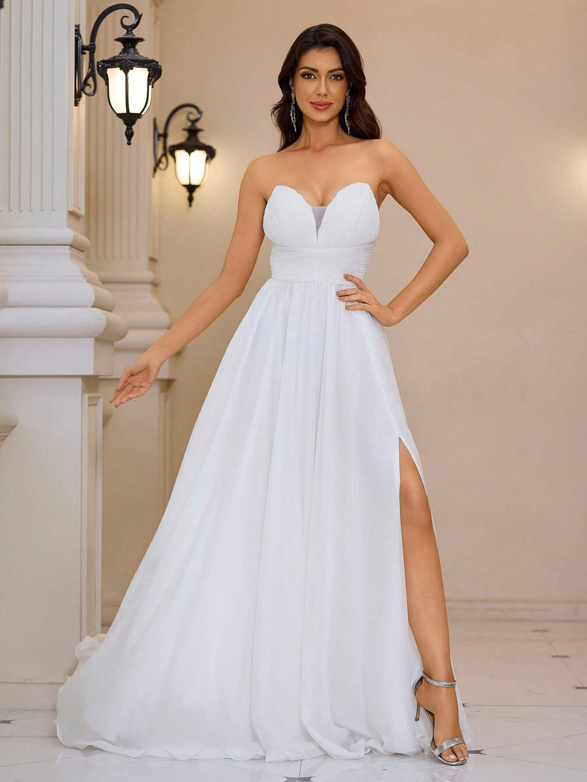 Giffniseti Women Elegant Chiffon Strapless High Slit Evening Party Dress