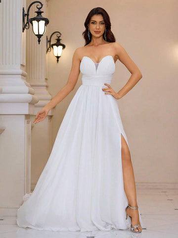 Giffniseti Women Elegant Chiffon Strapless High Slit Evening Party Dress