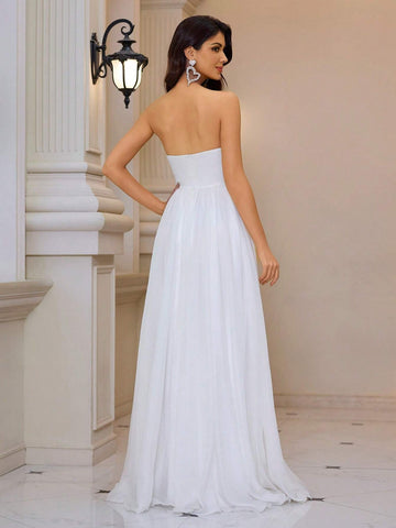 Giffniseti Women Elegant Chiffon Strapless High Slit Evening Party Dress