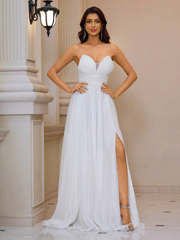 Giffniseti Women Elegant Chiffon Strapless High Slit Evening Party Dress