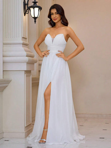 Giffniseti Women Elegant Chiffon Strapless High Slit Evening Party Dress