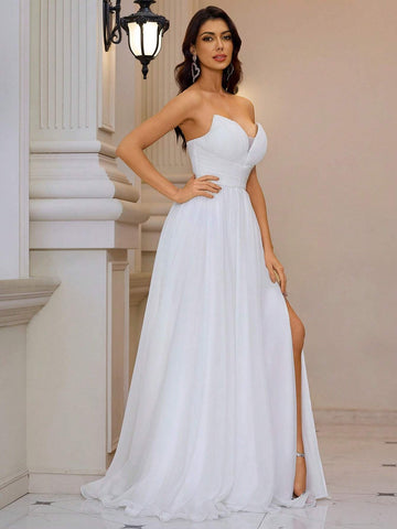 Giffniseti Women Elegant Chiffon Strapless High Slit Evening Party Dress