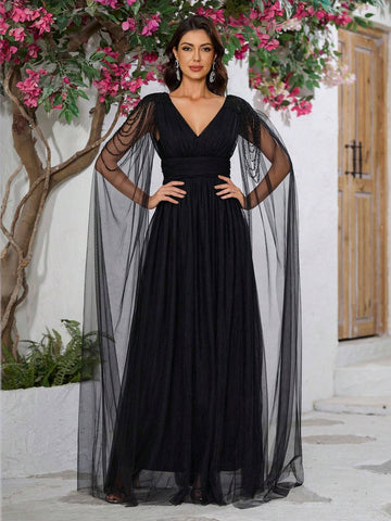 Giffniseti Women Elegant V-Neck Mesh Cape Split Sleeve Beaded Party Dress With Slit For Prom