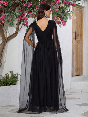 Giffniseti Women Elegant V-Neck Mesh Cape Split Sleeve Beaded Party Dress With Slit For Prom