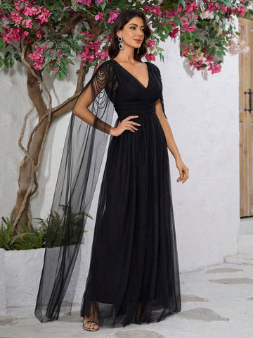 Giffniseti Women Elegant V-Neck Mesh Cape Split Sleeve Beaded Party Dress With Slit For Prom