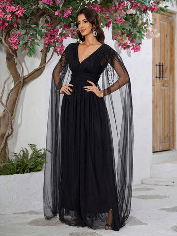 Giffniseti Women Elegant V-Neck Mesh Cape Split Sleeve Beaded Party Dress With Slit For Prom