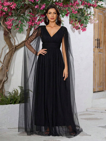 Giffniseti Women Elegant V-Neck Mesh Cape Split Sleeve Beaded Party Dress With Slit For Prom