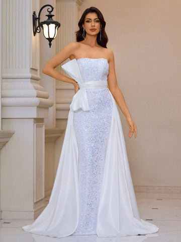 Giffniseti Women Evening Party Dress With Elegant Sequins, Strapless, Side-Waist Bow Decoration, Shawl And Fish-Tail