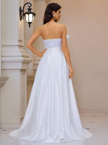 Giffniseti Women Evening Party Dress With Elegant Sequins, Strapless, Side-Waist Bow Decoration, Shawl And Fish-Tail