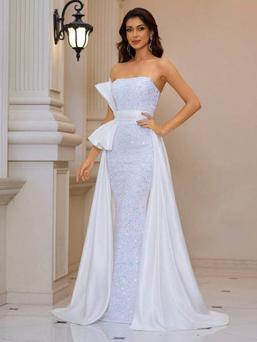 Giffniseti Women Evening Party Dress With Elegant Sequins, Strapless, Side-Waist Bow Decoration, Shawl And Fish-Tail