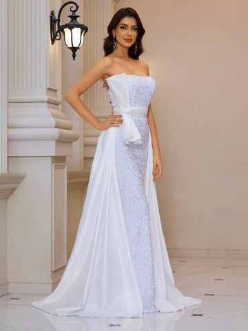 Giffniseti Women Evening Party Dress With Elegant Sequins, Strapless, Side-Waist Bow Decoration, Shawl And Fish-Tail