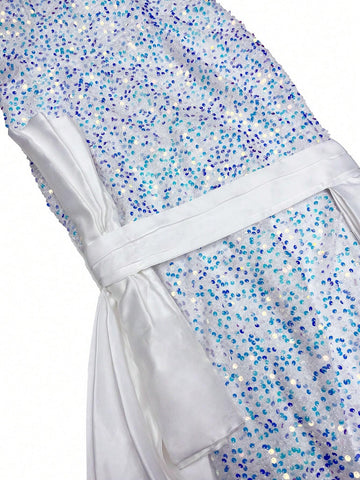 Giffniseti Women Evening Party Dress With Elegant Sequins, Strapless, Side-Waist Bow Decoration, Shawl And Fish-Tail