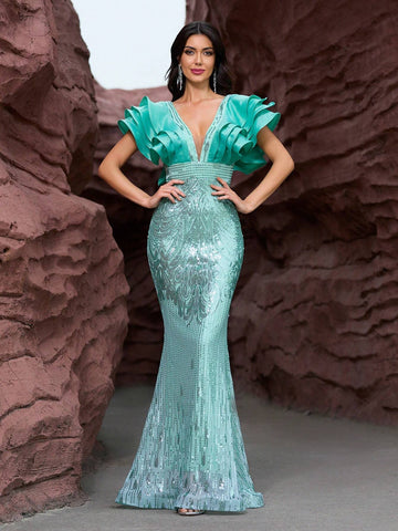 Giffniseti Women Formal Dance Party Evening Dress With Ruffle Sleeve Sequin Mermaid Maxi Elegant And Slim Formal Dress Formal Ball Gown For Women
