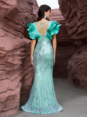 Giffniseti Women Formal Dance Party Evening Dress With Ruffle Sleeve Sequin Mermaid Maxi Elegant And Slim Formal Dress Formal Ball Gown For Women