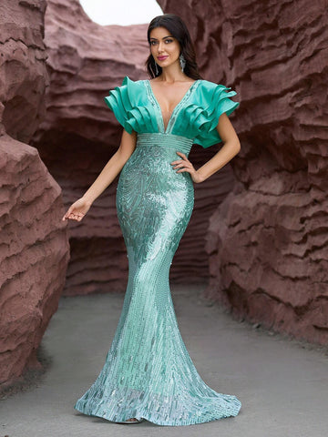 Giffniseti Women Formal Dance Party Evening Dress With Ruffle Sleeve Sequin Mermaid Maxi Elegant And Slim Formal Dress Formal Ball Gown For Women