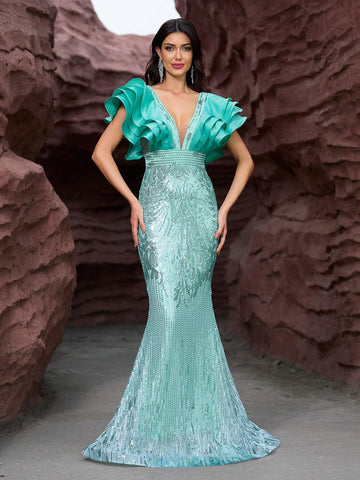 Giffniseti Women Formal Dance Party Evening Dress With Ruffle Sleeve Sequin Mermaid Maxi Elegant And Slim Formal Dress Formal Ball Gown For Women