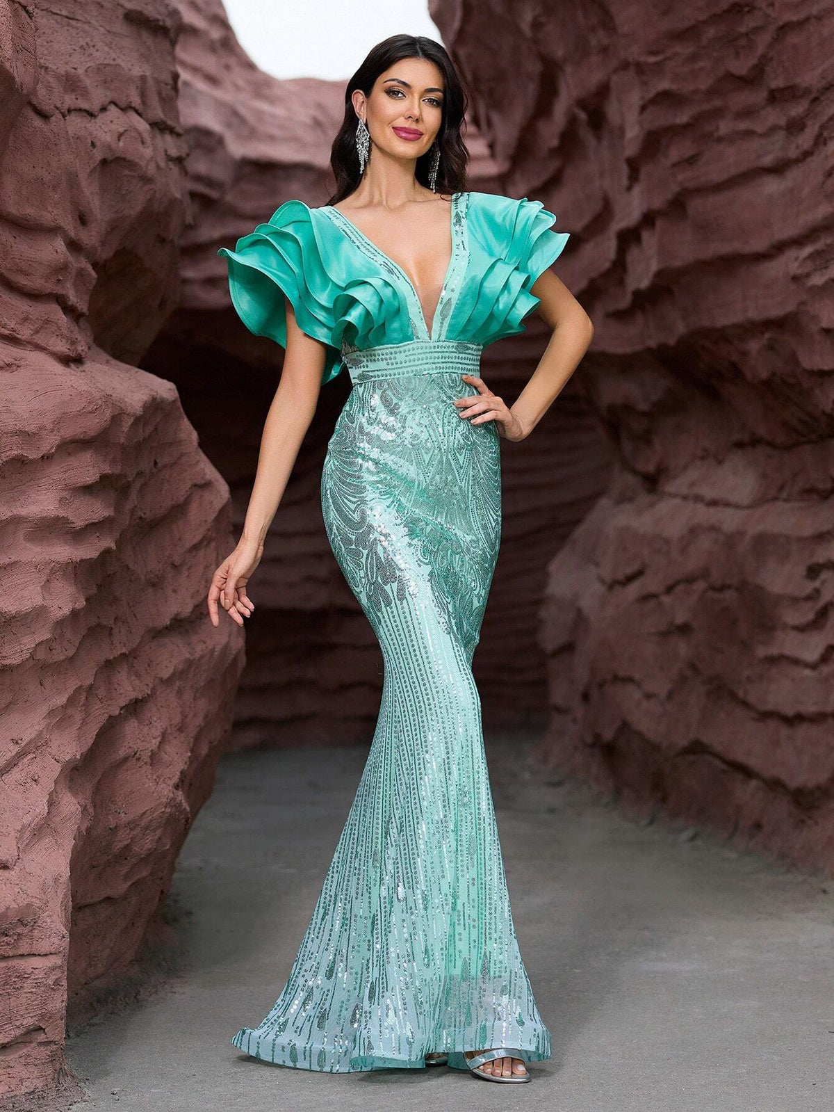 Giffniseti Women Formal Dance Party Evening Dress With Ruffle Sleeve Sequin Mermaid Maxi Elegant And Slim Formal Dress Formal Ball Gown For Women