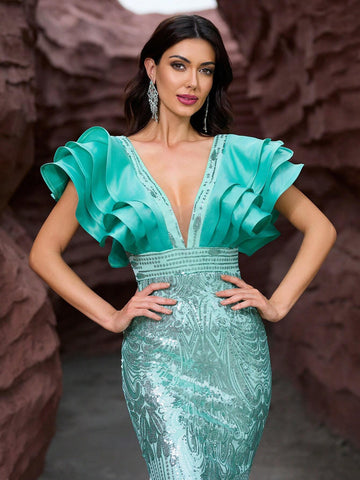 Giffniseti Women Formal Dance Party Evening Dress With Ruffle Sleeve Sequin Mermaid Maxi Elegant And Slim Formal Dress Formal Ball Gown For Women