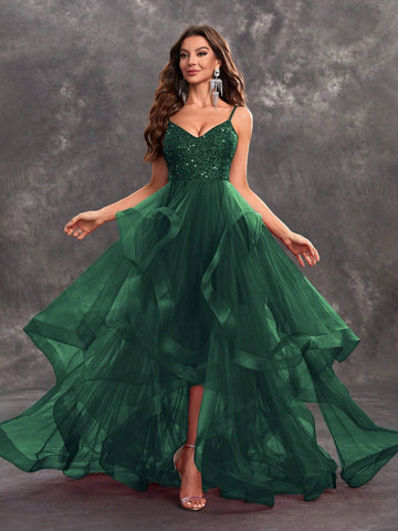 Giffniseti Women Sequin Spaghetti Strap Multi-Layered Mesh Party Evening Dress